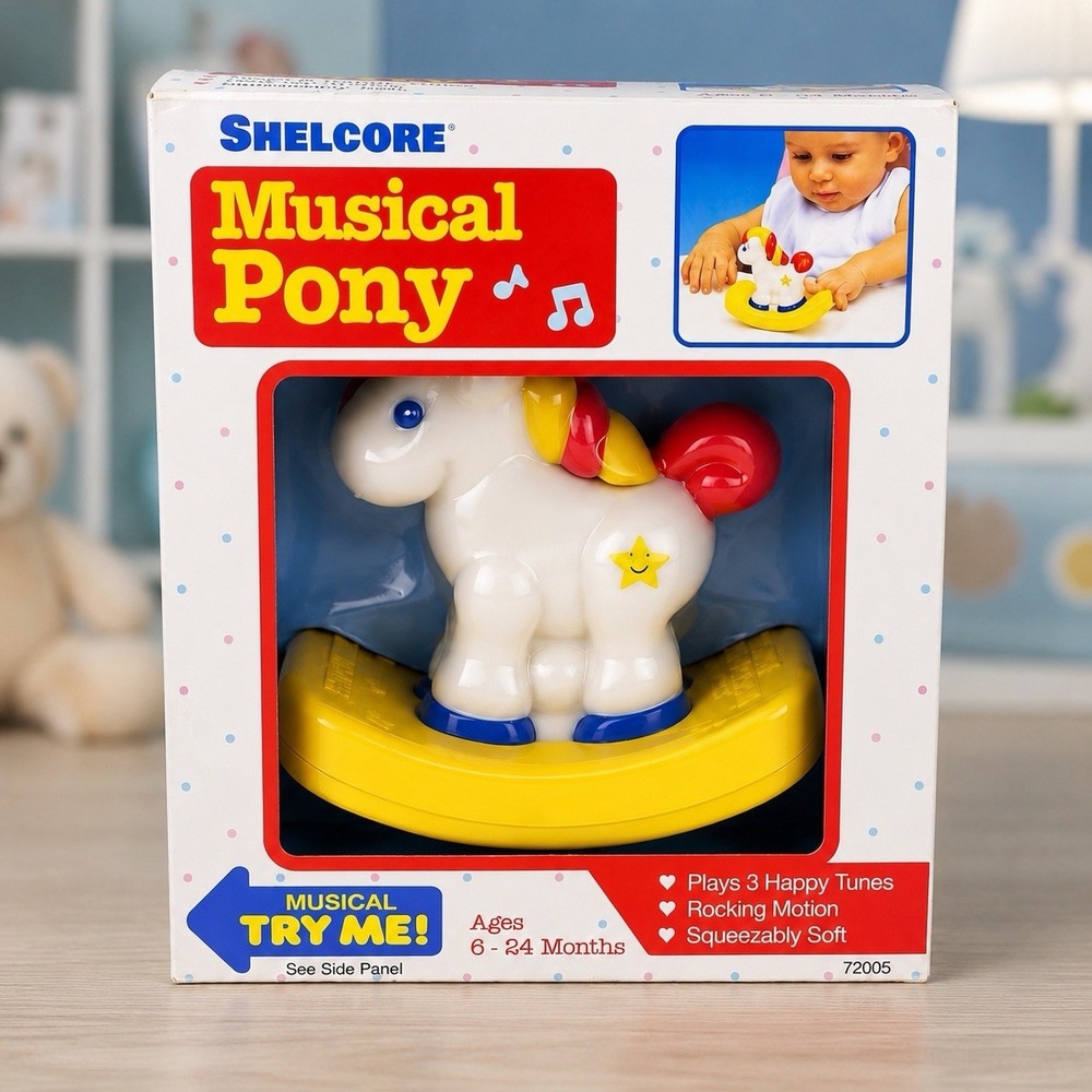 Vintage Shelcore Musical Pony Baby Toy NOS Sealed Plays 3 Songs Rocking Horse